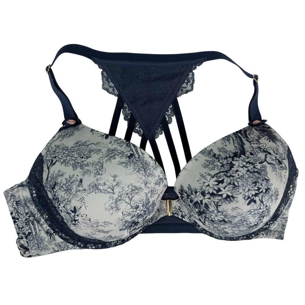 CACIQUE Boost Plunge Blue Floral Bra Front Closure‎ Underwire Lace Racerback 44D
